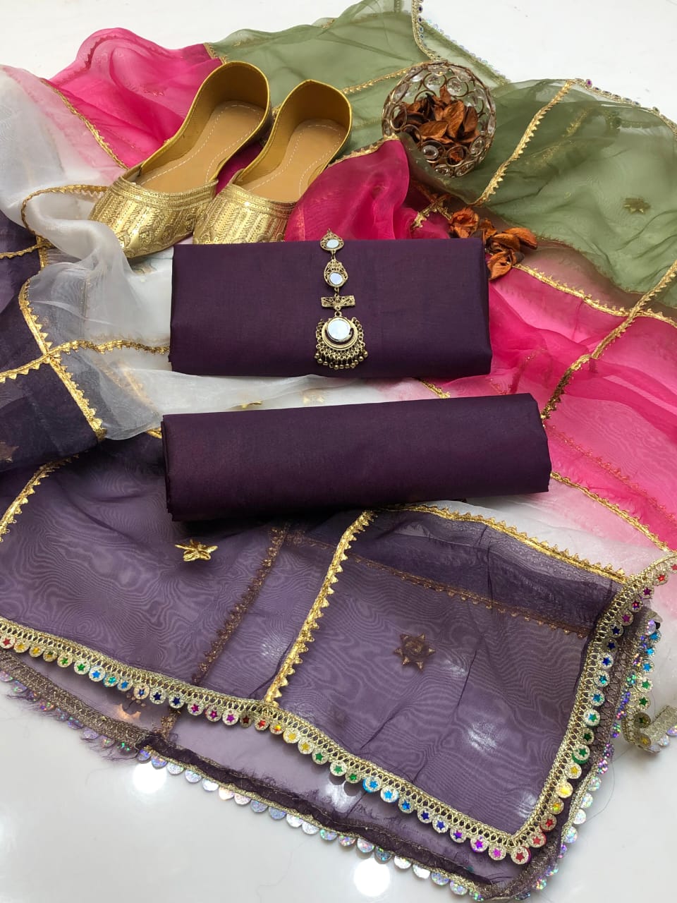 ✨ Soft Kataan Silk 4-Piece Suit with Tissue Multi Gota Kinari Dupatta & Matching Khusa Gift