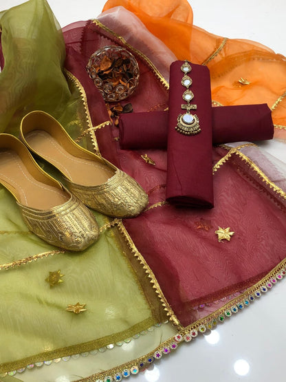 ✨ Soft Kataan Silk 4-Piece Suit with Tissue Multi Gota Kinari Dupatta & Matching Khusa Gift