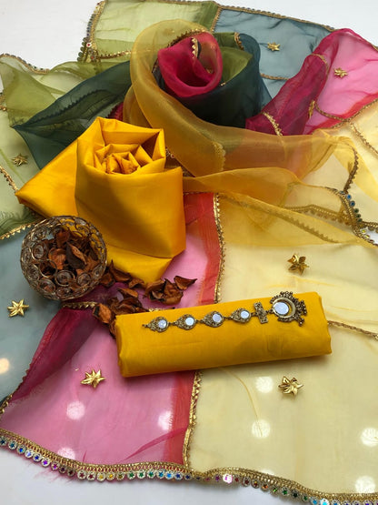 ✨ Soft Kataan Silk 4-Piece Suit with Tissue Multi Gota Kinari Dupatta & Matching Khusa Gift