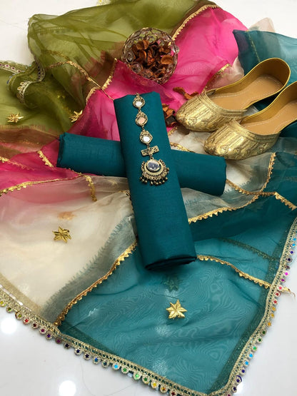 ✨ Soft Kataan Silk 4-Piece Suit with Tissue Multi Gota Kinari Dupatta & Matching Khusa Gift