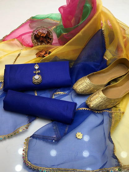 ✨ Soft Kataan Silk 4-Piece Suit with Tissue Multi Gota Kinari Dupatta & Matching Khusa Gift