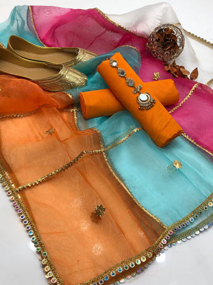 ✨ Soft Kataan Silk 4-Piece Suit with Tissue Multi Gota Kinari Dupatta & Matching Khusa Gift