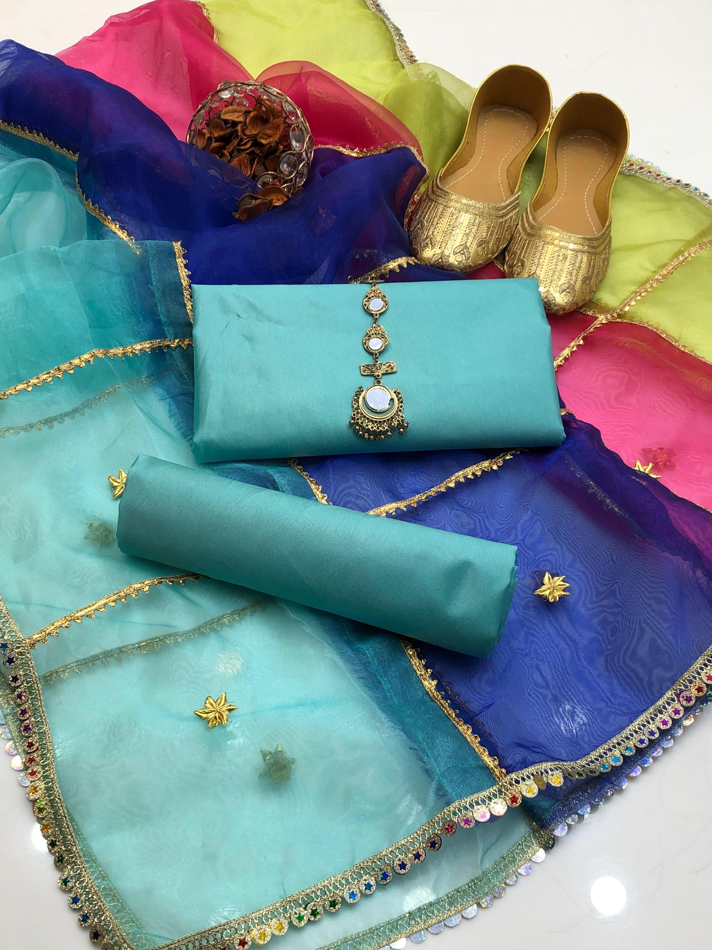 ✨ Soft Kataan Silk 4-Piece Suit with Tissue Multi Gota Kinari Dupatta & Matching Khusa Gift