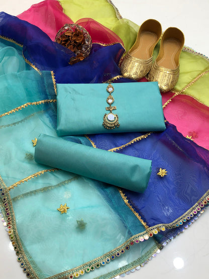 ✨ Soft Kataan Silk 4-Piece Suit with Tissue Multi Gota Kinari Dupatta & Matching Khusa Gift