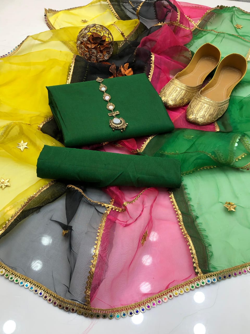 ✨ Soft Kataan Silk 4-Piece Suit with Tissue Multi Gota Kinari Dupatta & Matching Khusa Gift