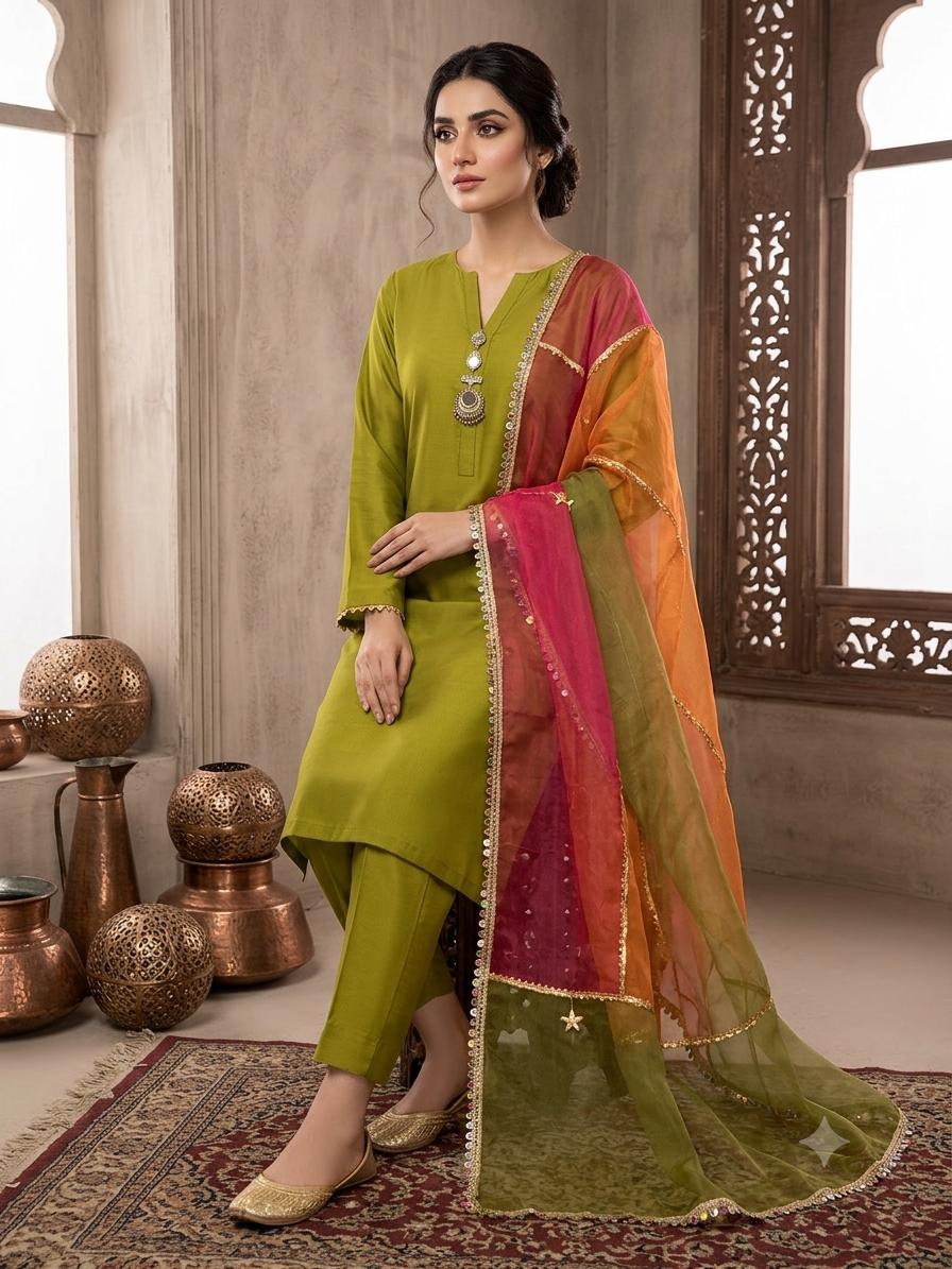 ✨ Soft Kataan Silk 4-Piece Suit with Tissue Multi Gota Kinari Dupatta & Matching Khusa Gift