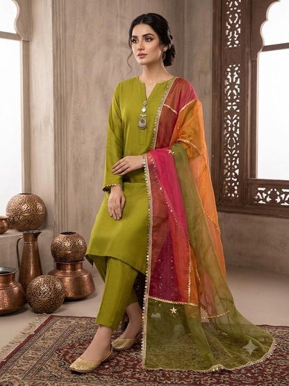 ✨ Soft Kataan Silk 4-Piece Suit with Tissue Multi Gota Kinari Dupatta & Matching Khusa Gift