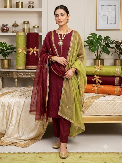 ✨ Soft Kataan Silk 4-Piece Suit with Tissue Multi Gota Kinari Dupatta & Matching Khusa Gift