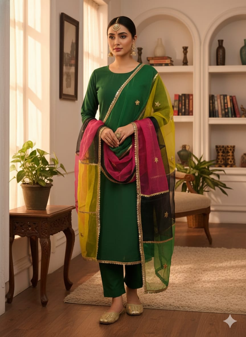 ✨ Soft Kataan Silk 4-Piece Suit with Tissue Multi Gota Kinari Dupatta & Matching Khusa Gift