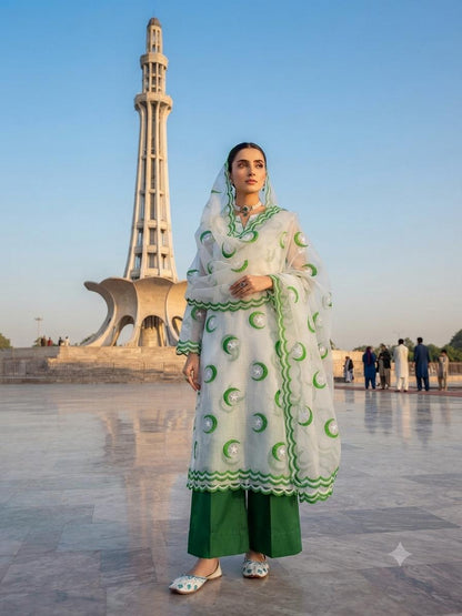 14 August Premium Khaadi Net Flag Embroidered 3 Piece Suit with FREE Khussa