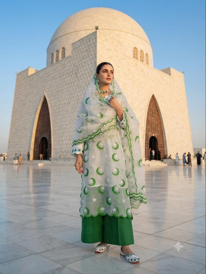 14 August Premium Khaadi Net Flag Embroidered 3 Piece Suit with FREE Khussa