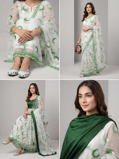 14 August Premium Khaadi Net Flag Embroidered 3 Piece Suit with FREE Khussa