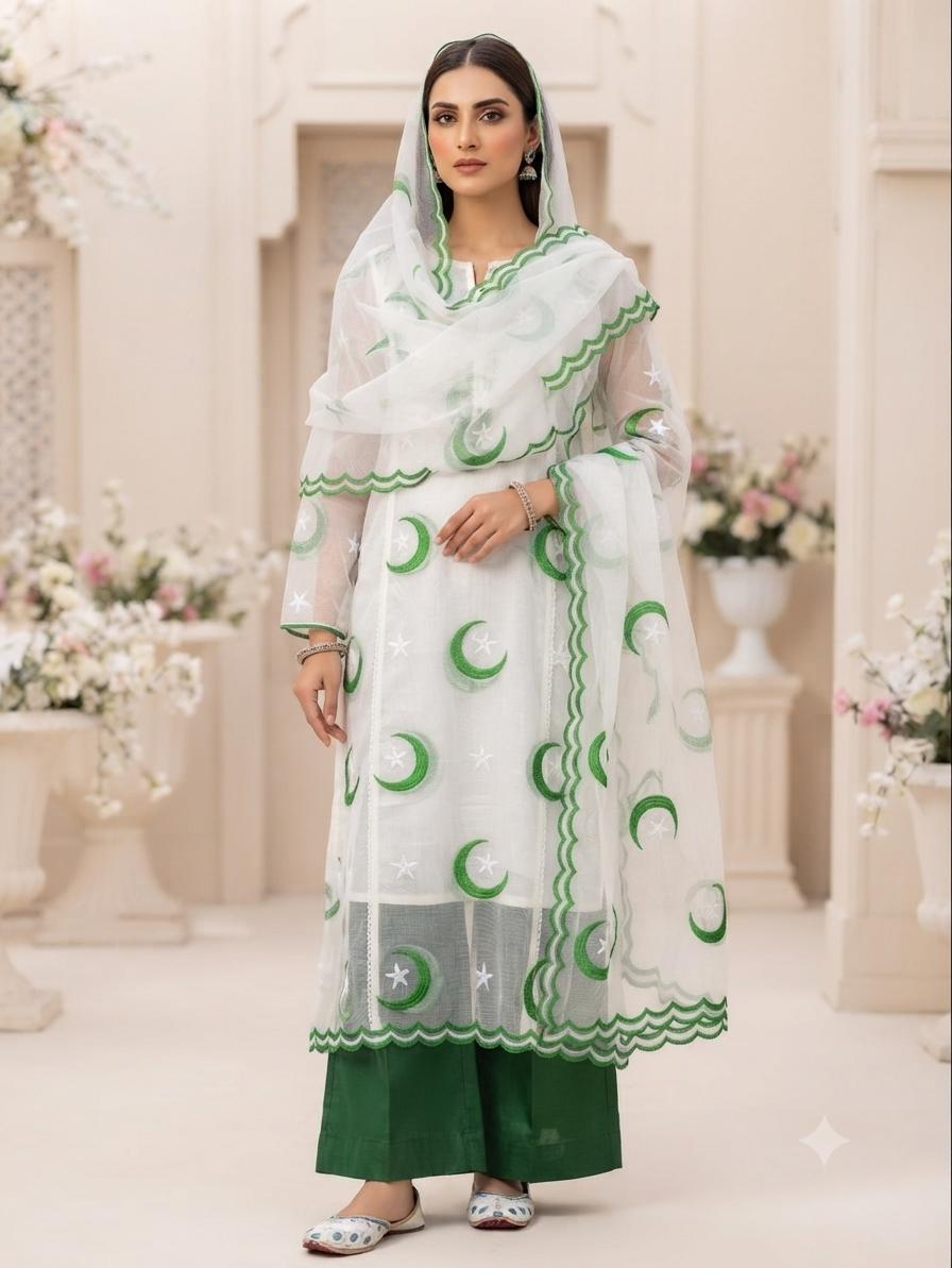 14 August Premium Khaadi Net Flag Embroidered 3 Piece Suit with FREE Khussa