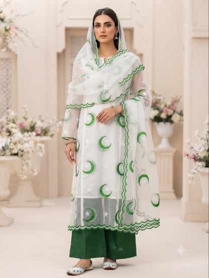 14 August Premium Khaadi Net Flag Embroidered 3 Piece Suit with FREE Khussa