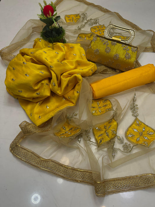 Fency Designer 4-Piece Shamooz Silk Embroidered Suit – Mirror Net Dupatta & Silk Trouser