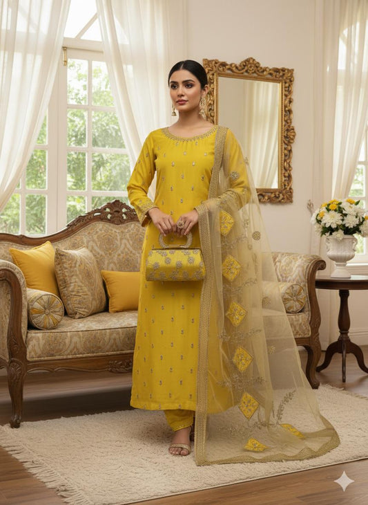 Fency Designer 4-Piece Shamooz Silk Embroidered Suit – Mirror Net Dupatta & Silk Trouser