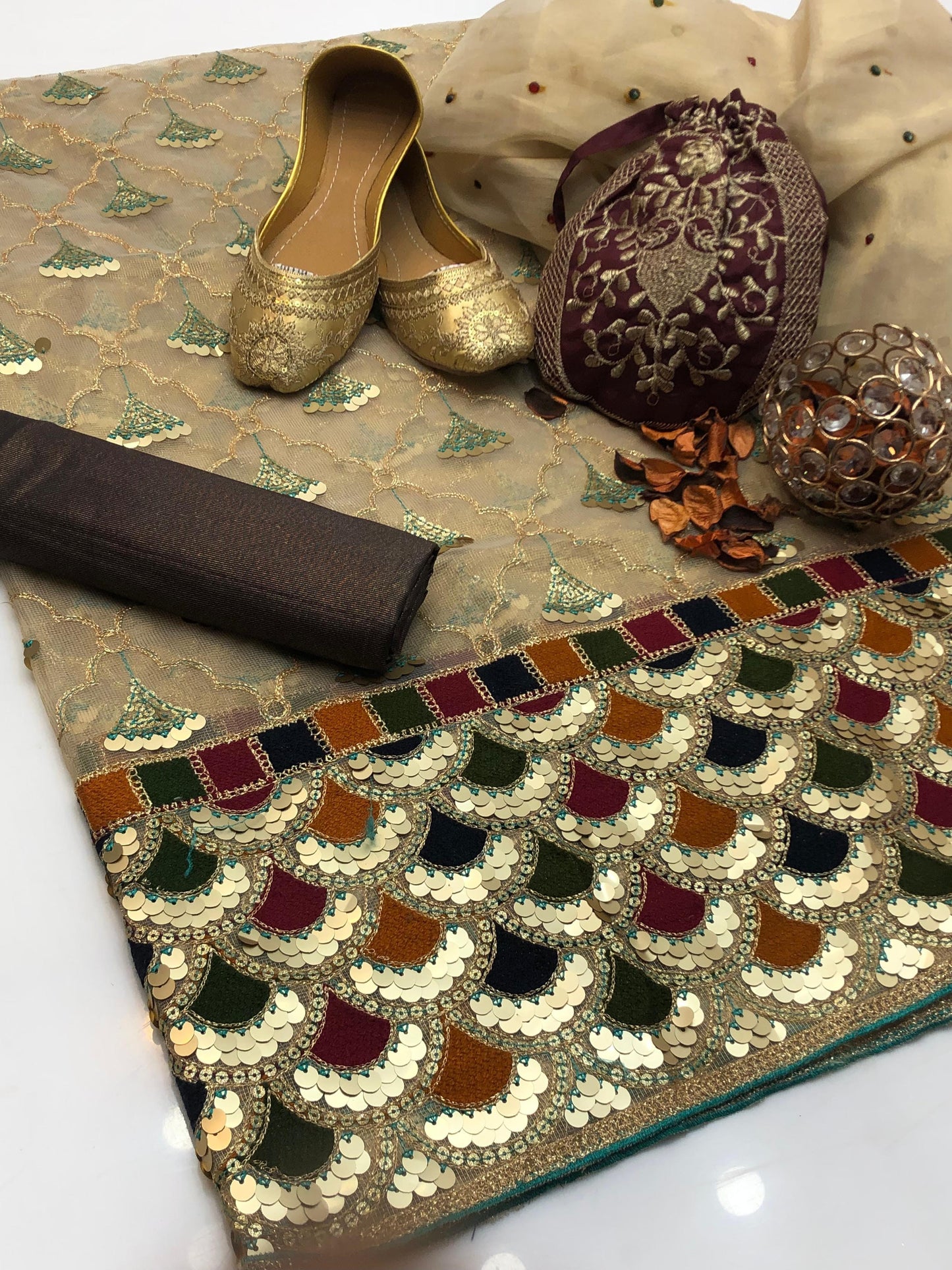 5PC Cotton Net Aari & Sequence Embroidered Dress with Masoori Dupatta, Khusa & Bag #11