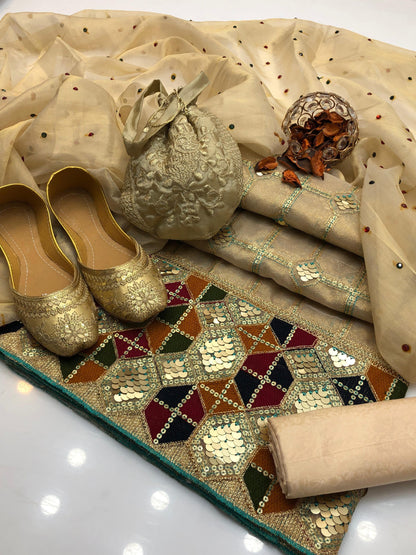 5PC Cotton Net Aari & Sequence Embroidered Dress with Masoori Dupatta, Khusa & Bag #11