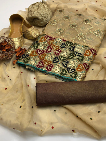 5PC Cotton Net Aari & Sequence Embroidered Dress with Masoori Dupatta, Khusa & Bag #11