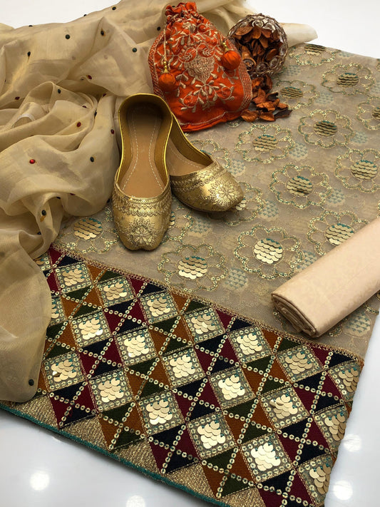 5PC Cotton Net Aari & Sequence Embroidered Dress with Masoori Dupatta, Khusa & Bag #11