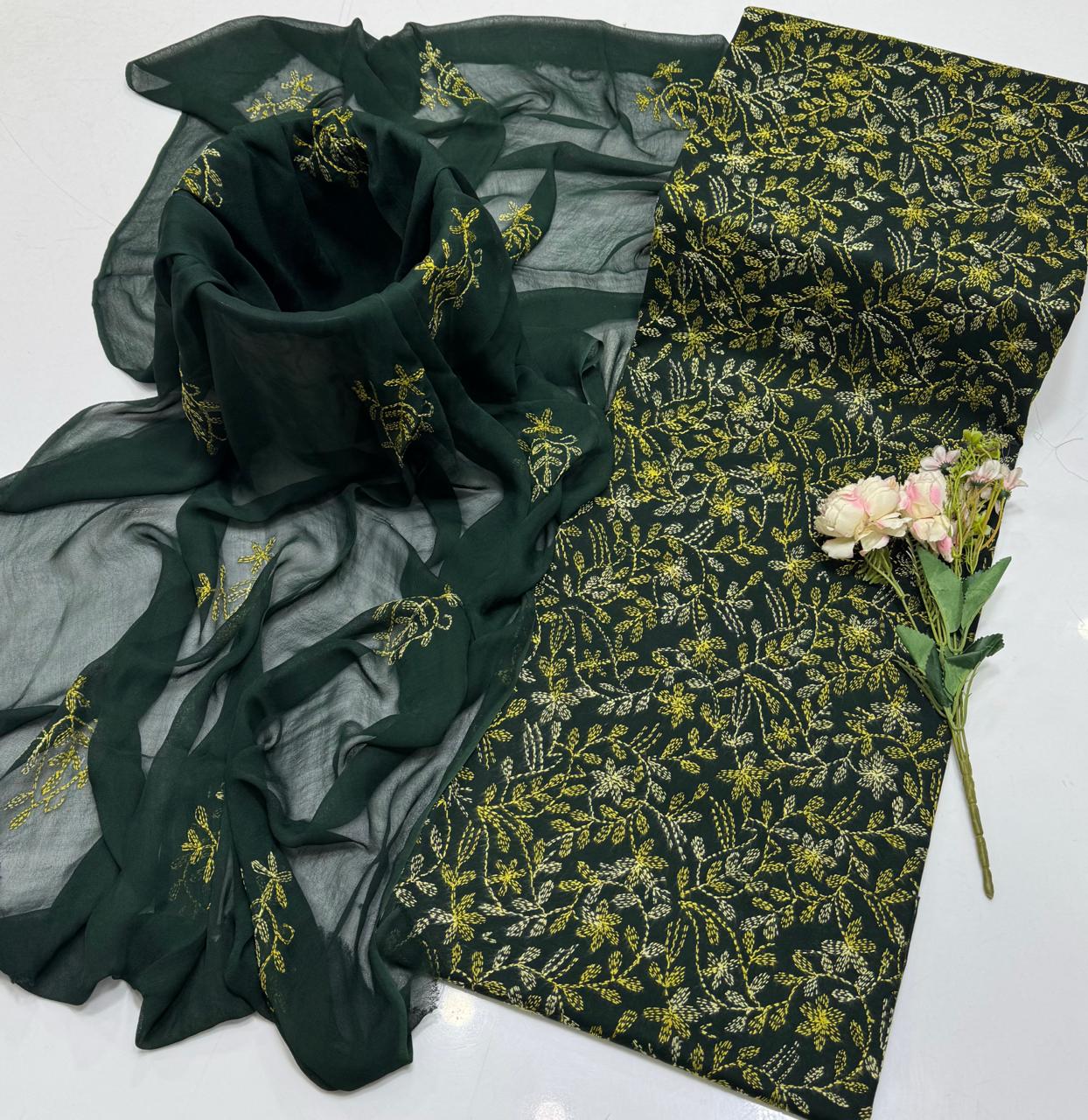 Handmade Embroidered Lawn 3-Piece Suit | Front Sippi Boti Jaal Shirt with Chiffon Dupatta – 2026 New Collection #1