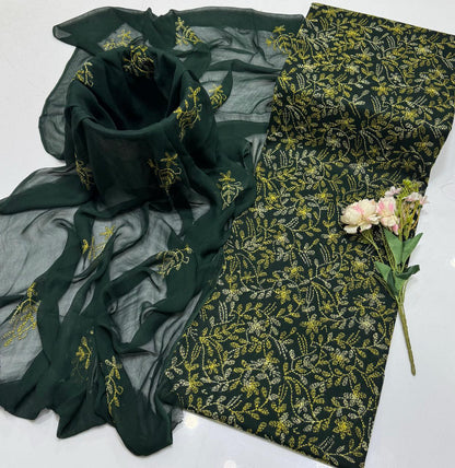 Handmade Embroidered Lawn 3-Piece Suit | Front Sippi Boti Jaal Shirt with Chiffon Dupatta – 2026 New Collection #1