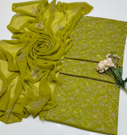 Handmade Embroidered Lawn 3-Piece Suit | Front Sippi Boti Jaal Shirt with Chiffon Dupatta – 2026 New Collection #1