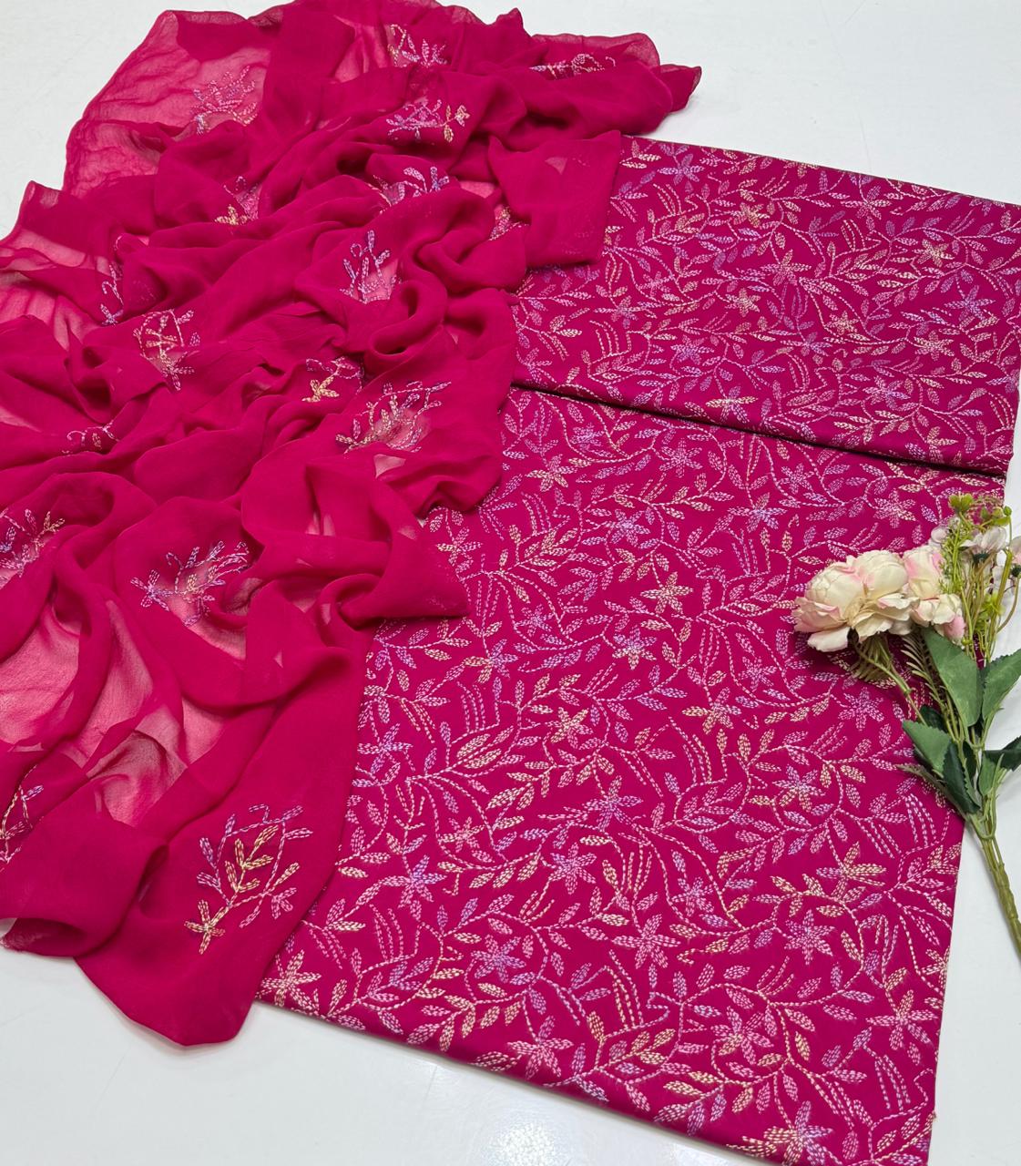 Handmade Embroidered Lawn 3-Piece Suit | Front Sippi Boti Jaal Shirt with Chiffon Dupatta – 2026 New Collection #1