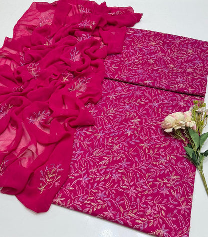 Handmade Embroidered Lawn 3-Piece Suit | Front Sippi Boti Jaal Shirt with Chiffon Dupatta – 2026 New Collection #1