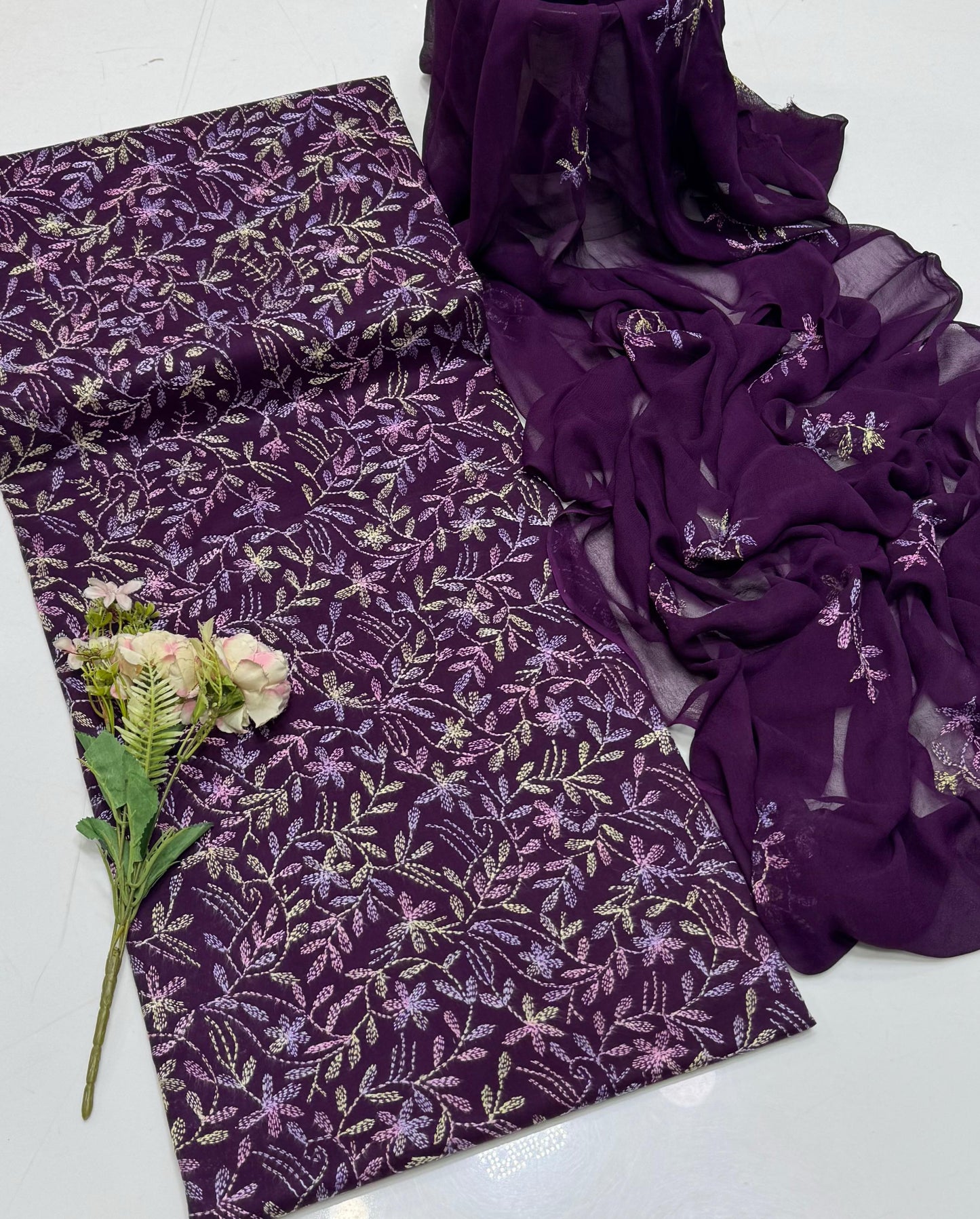 Handmade Embroidered Lawn 3-Piece Suit | Front Sippi Boti Jaal Shirt with Chiffon Dupatta – 2026 New Collection #1