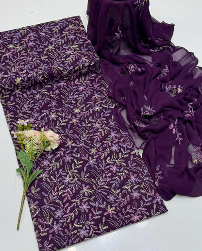 Handmade Embroidered Lawn 3-Piece Suit | Front Sippi Boti Jaal Shirt with Chiffon Dupatta – 2026 New Collection #1