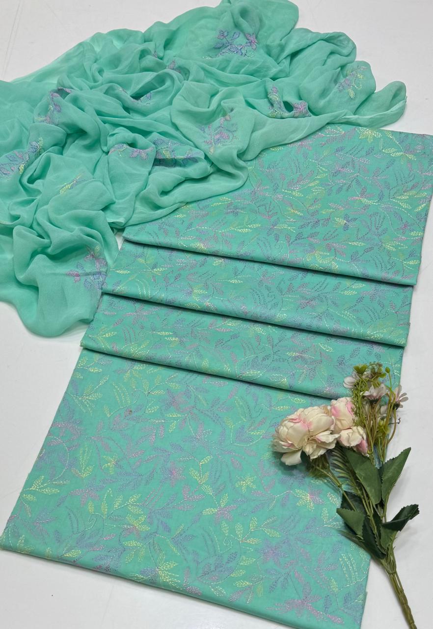 Handmade Embroidered Lawn 3-Piece Suit | Front Sippi Boti Jaal Shirt with Chiffon Dupatta – 2026 New Collection #1