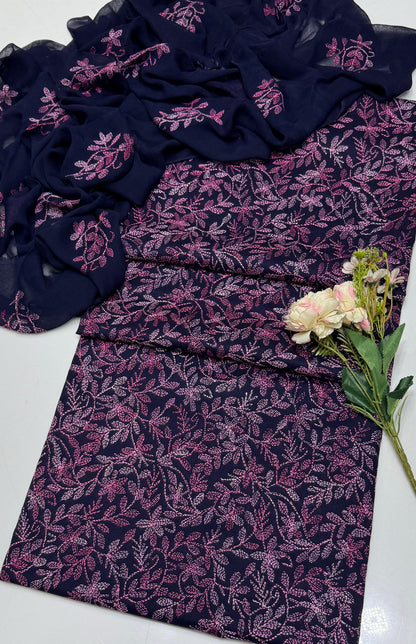 Handmade Embroidered Lawn 3-Piece Suit | Front Sippi Boti Jaal Shirt with Chiffon Dupatta – 2026 New Collection #1