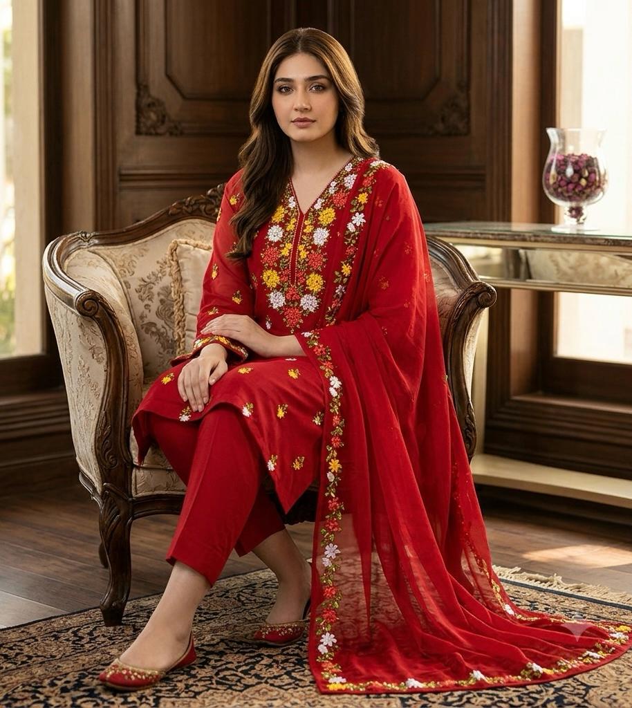 ✨ Fancy Collection 5-Piece Crinkle Chiffon Embroidered Suit with Matching Khussa & Clutch (Copy)
