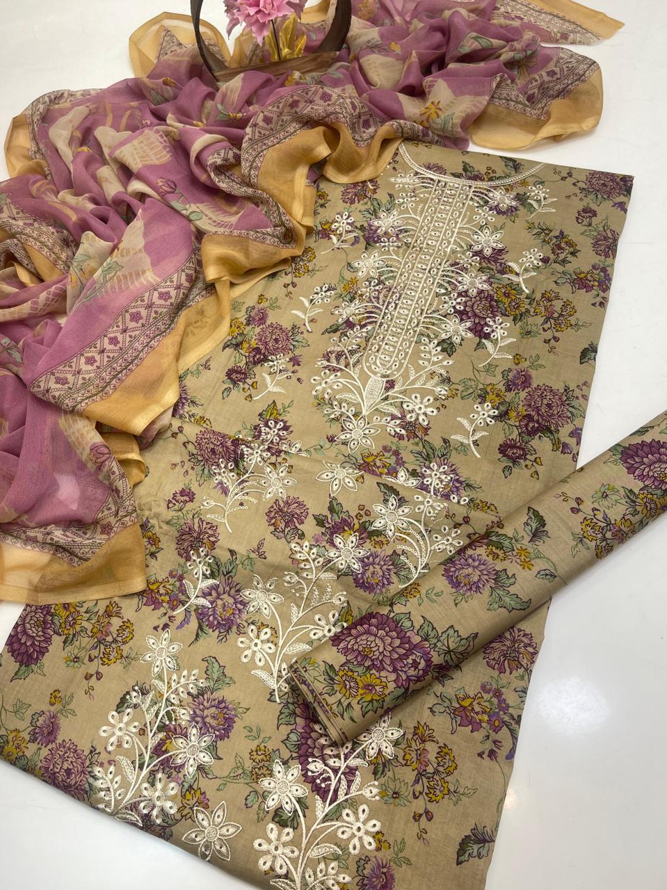 Premium Lawn Digital Print & Embroidered 3-Piece Suit with Chiffon Dupatta