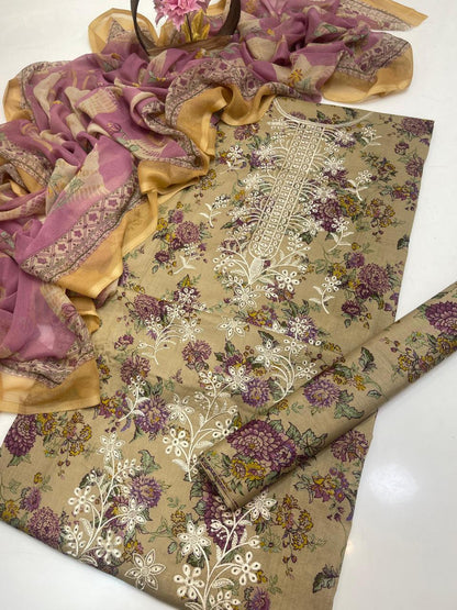 Premium Lawn Digital Print & Embroidered 3-Piece Suit with Chiffon Dupatta