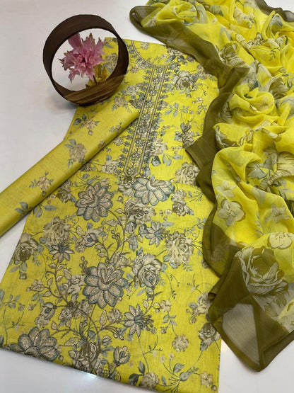 Premium Lawn Digital Print & Embroidered 3-Piece Suit with Chiffon Dupatta