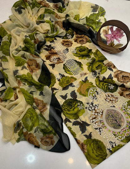 Premium Lawn Digital Print & Embroidered 3-Piece Suit with Chiffon Dupatta