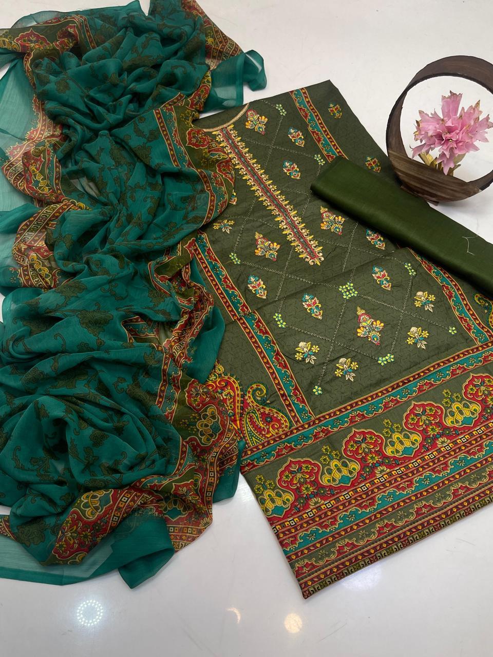 Premium Lawn Digital Print & Embroidered 3-Piece Suit with Chiffon Dupatta