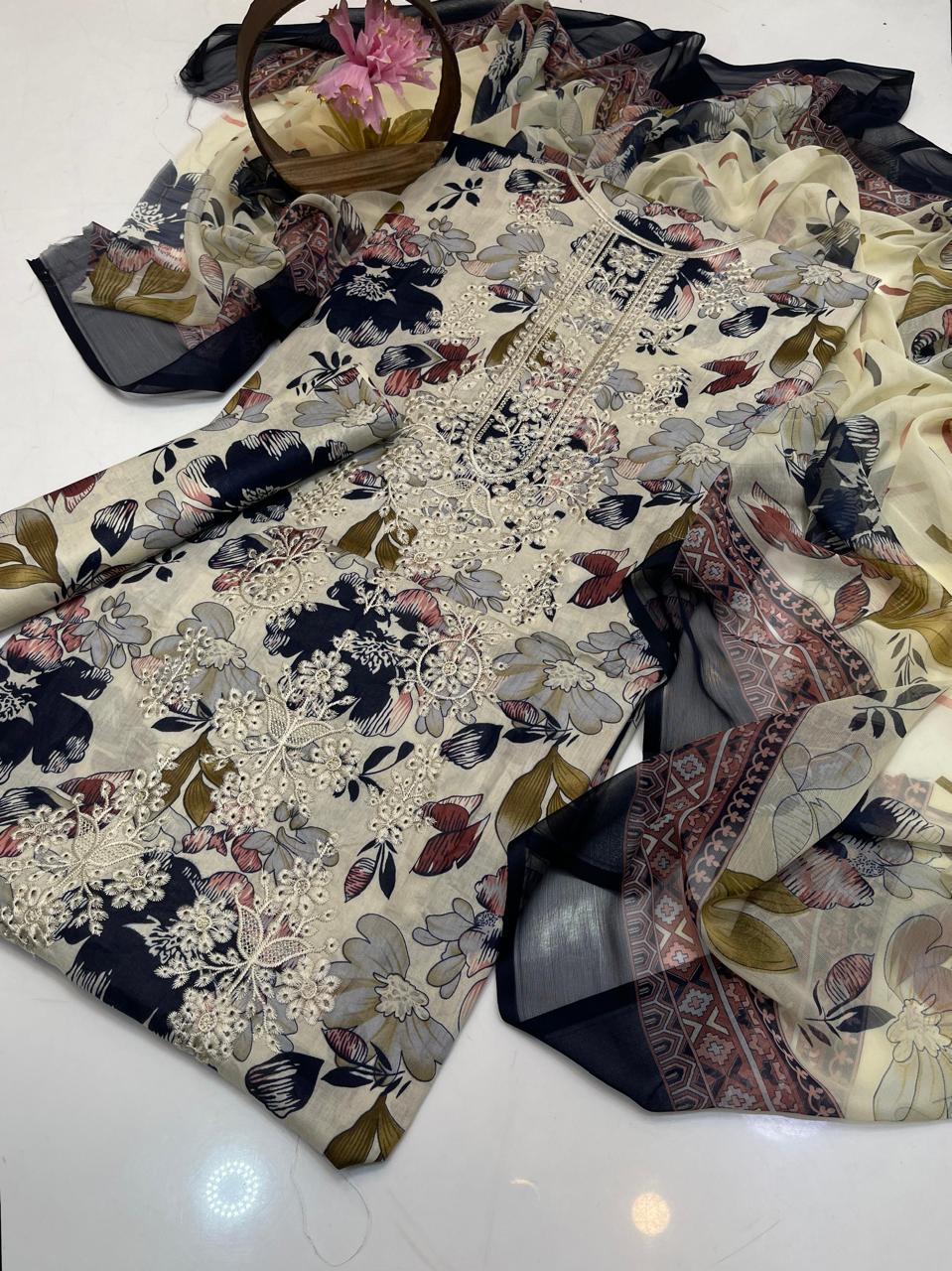 Premium Lawn Digital Print & Embroidered 3-Piece Suit with Chiffon Dupatta