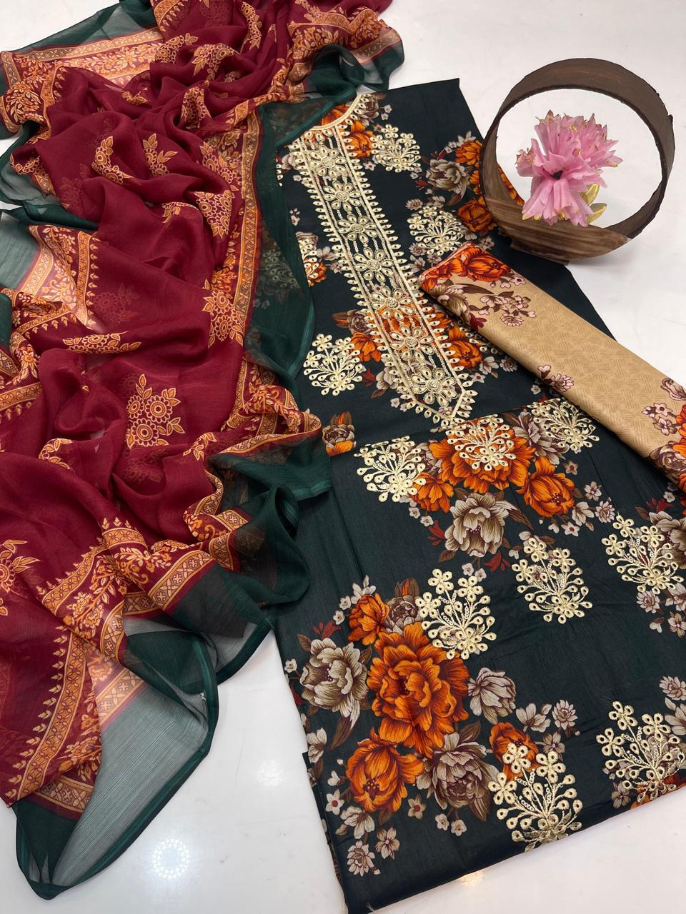 Premium Lawn Digital Print & Embroidered 3-Piece Suit with Chiffon Dupatta