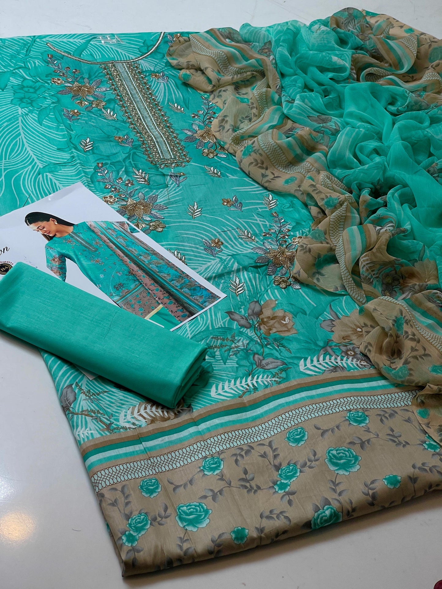 Premium Lawn Digital Print & Embroidered 3-Piece Suit with Chiffon Dupatta