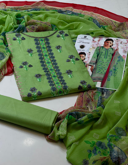 Premium Lawn Digital Print & Embroidered 3-Piece Suit with Chiffon Dupatta