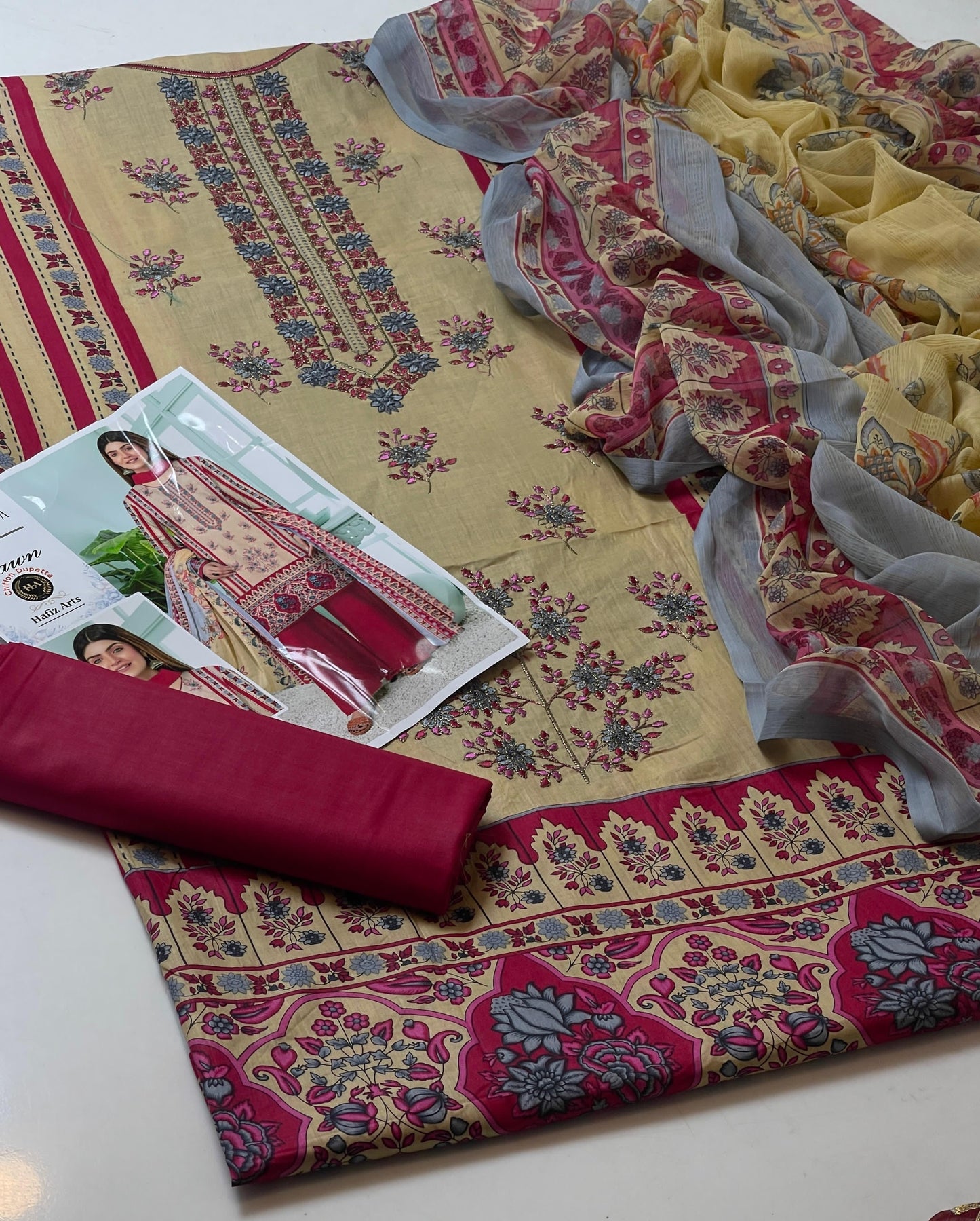 Premium Lawn Digital Print & Embroidered 3-Piece Suit with Chiffon Dupatta