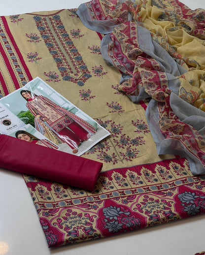 Premium Lawn Digital Print & Embroidered 3-Piece Suit with Chiffon Dupatta