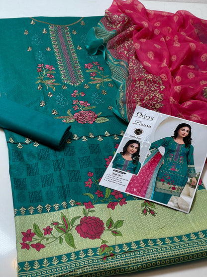 Premium Lawn Digital Print & Embroidered 3-Piece Suit with Chiffon Dupatta